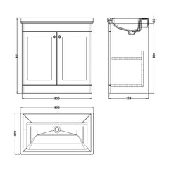 [BFCL1426H] Swynnerton Traditional 2 Door Floor Standing Vanity Unit with 0 Tap Hole Traditional Fireclay Basin, Choice of Size and Colour - Technical Drawing