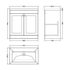 [BFCL1426K] Swynnerton Traditional 2 Door Floor Standing Vanity Basin Unit with 0 Tap Hole Modern Fireclay Basin, Choice of Size and Colour - Technical Drawing