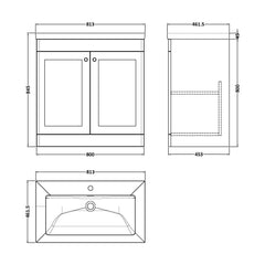 [BFCL1426L] Swynnerton Traditional 2 Door Floor Standing Vanity Basin Unit with 1 Tap Hole Modern Fireclay Basin, Choice of Size and Colour - Technical Drawing