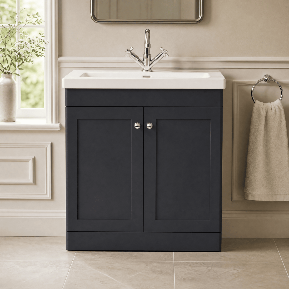 [BFCL1426L] Swynnerton Traditional 2 Door Floor Standing Vanity Basin Unit with 1 Tap Hole Modern Fireclay Basin, Choice of Size and Colour