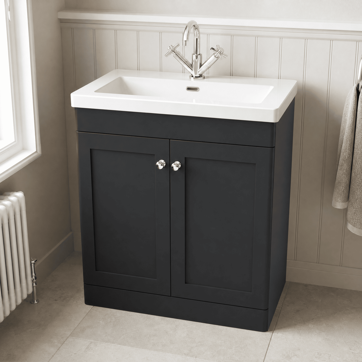 [BFCL1426L] Swynnerton Traditional 2 Door Floor Standing Vanity Basin Unit with 1 Tap Hole Modern Fireclay Basin, Choice of Size and Colour