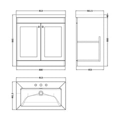 [BFCL1426M] Swynnerton Traditional 2 Door Floor Standing Vanity Basin Unit with 3 Tap Hole Modern Fireclay Basin, Choice of Size and Colour - Technical Drawing