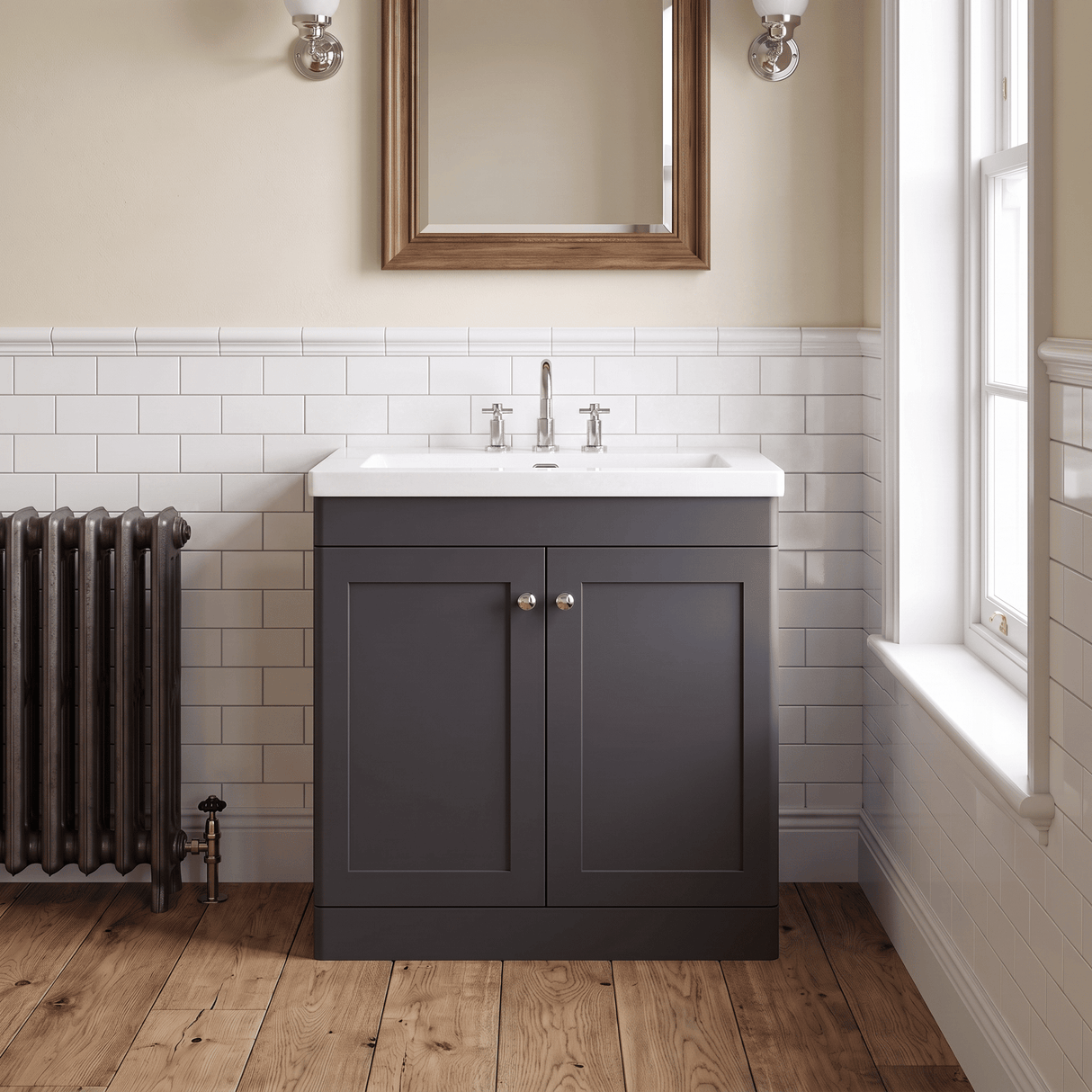 [BFCL1426M] Swynnerton Traditional 2 Door Floor Standing Vanity Basin Unit with 3 Tap Hole Modern Fireclay Basin, Choice of Size and Colour