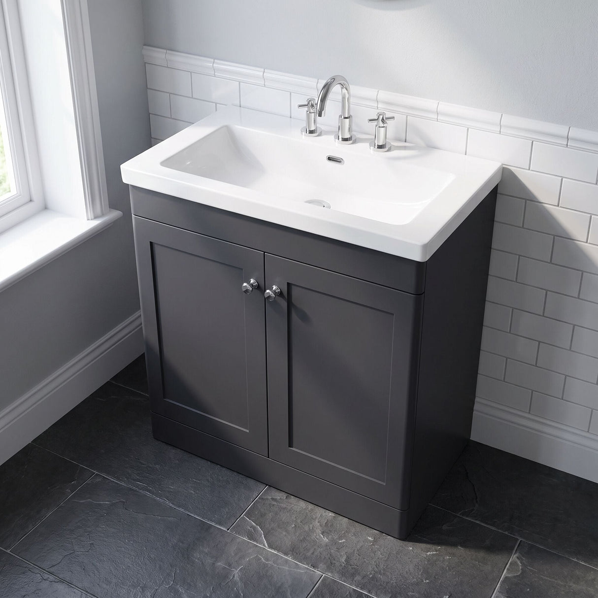 [BFCL1426M] Swynnerton Traditional 2 Door Floor Standing Vanity Basin Unit with 3 Tap Hole Modern Fireclay Basin, Choice of Size and Colour