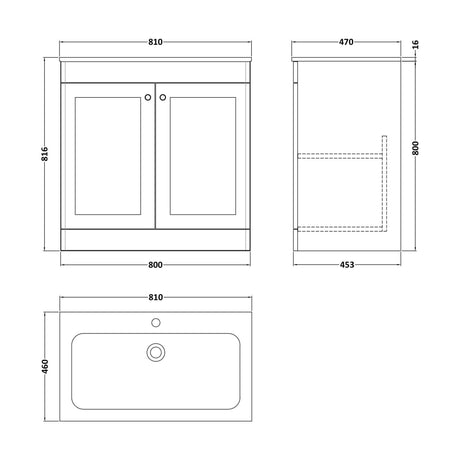 [BFCL1426P] Swynnerton Traditional 2 Door Floor Standing Vanity Unit with Stone Basin, Dark Grey, 800mm - Technical Drawing