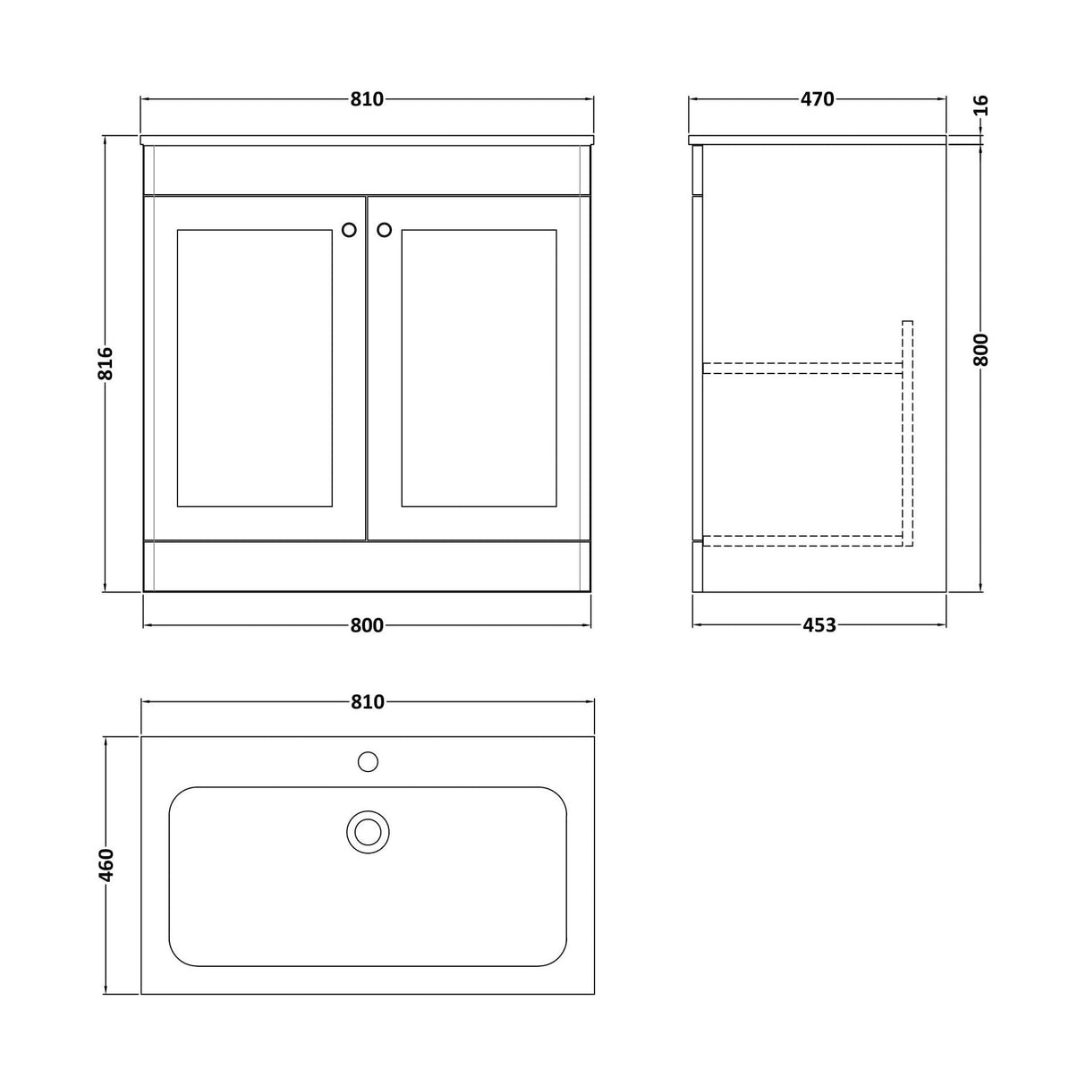 [BFCL1426P] Swynnerton Traditional 2 Door Floor Standing Vanity Basin Unit with 1 Tap Hole Stone Basin, Choice of Size and Colour - Technical Drawing