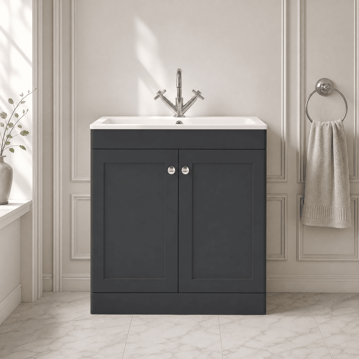 [BFCL1426P] Swynnerton Traditional 2 Door Floor Standing Vanity Basin Unit with 1 Tap Hole Stone Basin, Choice of Size and Colour - Silo