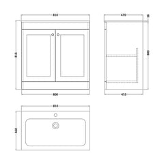 [BFCL1426Q] Swynnerton Traditional 2 Door Floor Standing Vanity Basin Unit with 1 Tap Hole Marble Effect Stone Basin, Choice of Size and Colour - Technical Drawing