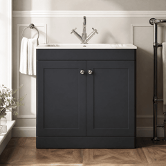 [BFCL1426Q] Swynnerton Traditional 2 Door Floor Standing Vanity Basin Unit with 1 Tap Hole Marble Effect Stone Basin, Choice of Size and Colour