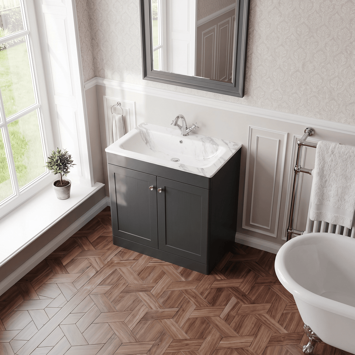 [BFCL1426Q] Swynnerton Traditional 2 Door Floor Standing Vanity Basin Unit with 1 Tap Hole Marble Effect Stone Basin, Choice of Size and Colour