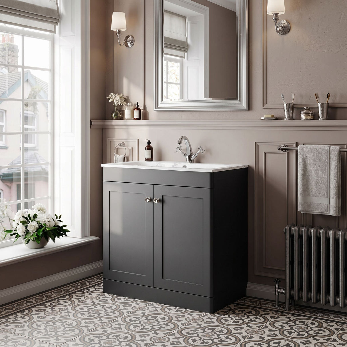 [BFCL1426Q] Swynnerton Traditional 2 Door Floor Standing Vanity Basin Unit with 1 Tap Hole Marble Effect Stone Basin, Choice of Size and Colour