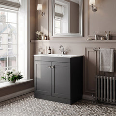 [BFCL1426Q] Swynnerton Traditional 2 Door Floor Standing Vanity Basin Unit with 1 Tap Hole Marble Effect Stone Basin, Choice of Size and Colour