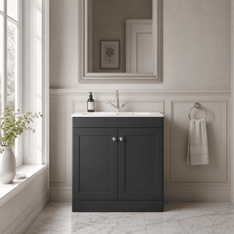 [BFCL1426Q] Swynnerton Traditional 2 Door Floor Standing Vanity Basin Unit with 1 Tap Hole Marble Effect Stone Basin, Choice of Size and Colour - Silo