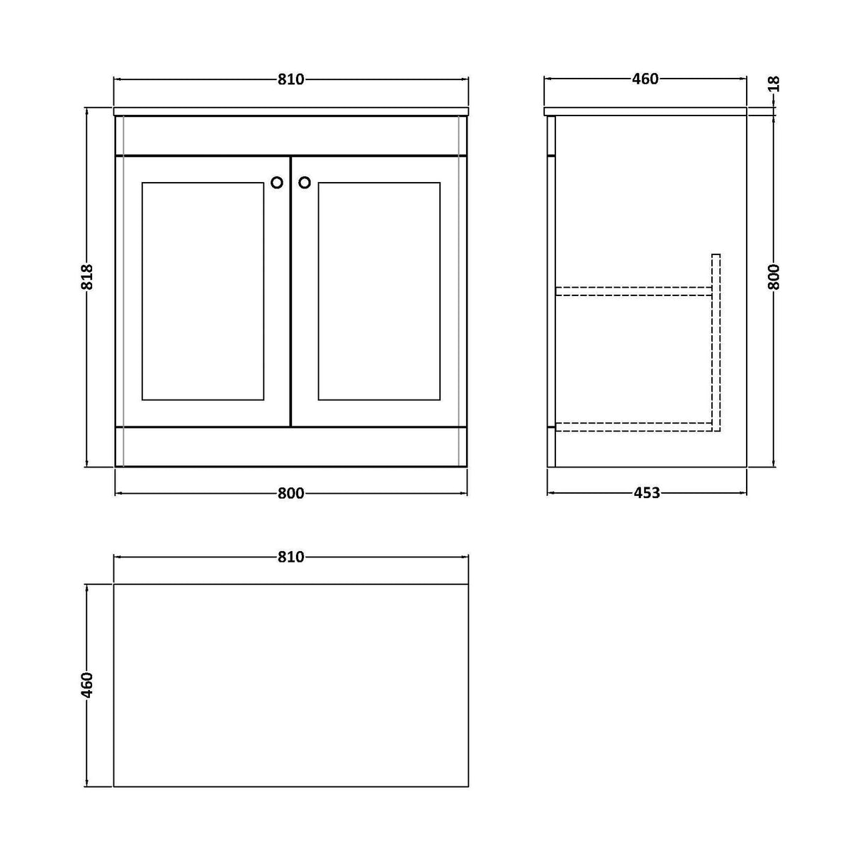[BFCL1426WMT] Swynnerton Traditional 2 Door Floor Standing Vanity Unit with White Marble Worktop, Choice of Size and Colour - Technical Drawing
