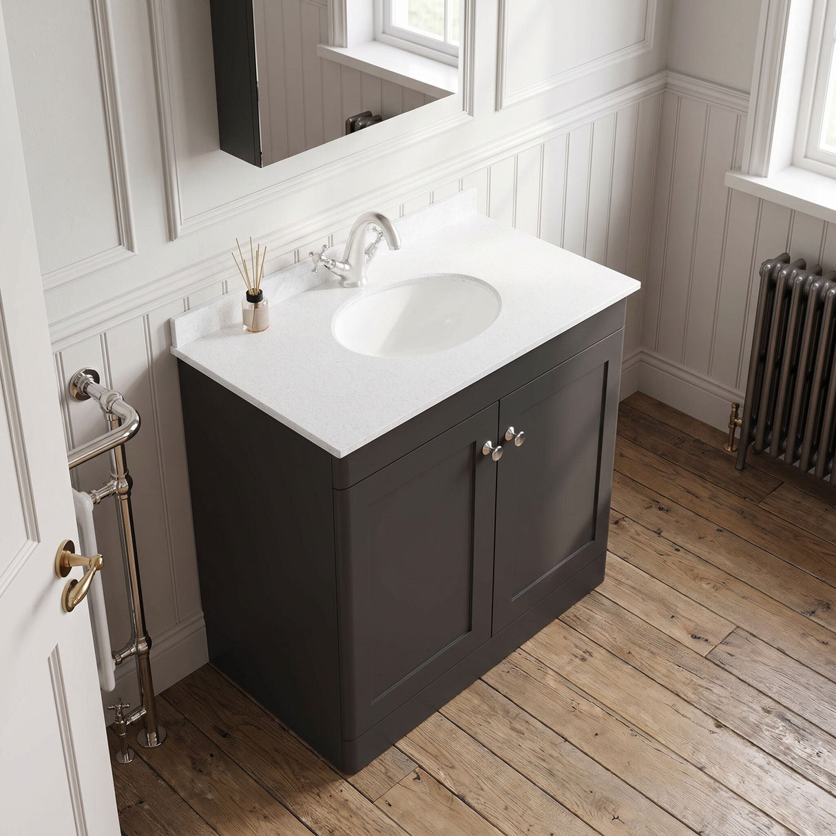 [BFCL1426WR1] Swynnerton Traditional 2 Door Floor Standing Vanity Basin Unit with 1 Tap Hole White Marble Worktop and Basin, Choice of Size and Colour