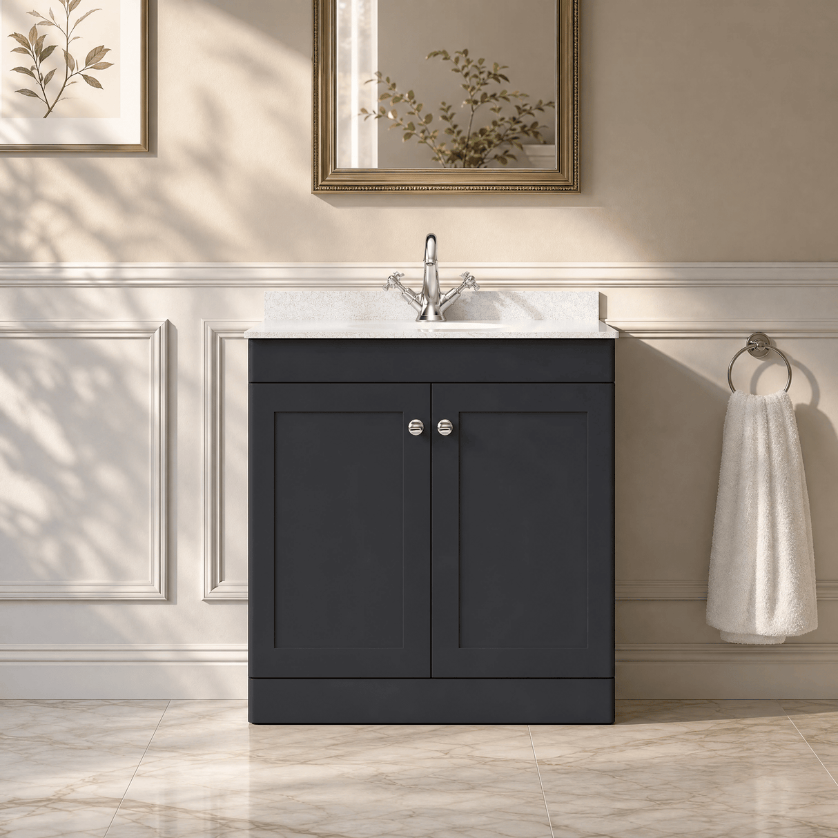 [BFCL1426WR1] Swynnerton Traditional 2 Door Floor Standing Vanity Basin Unit with 1 Tap Hole White Marble Worktop and Basin, Choice of Size and Colour - Silo