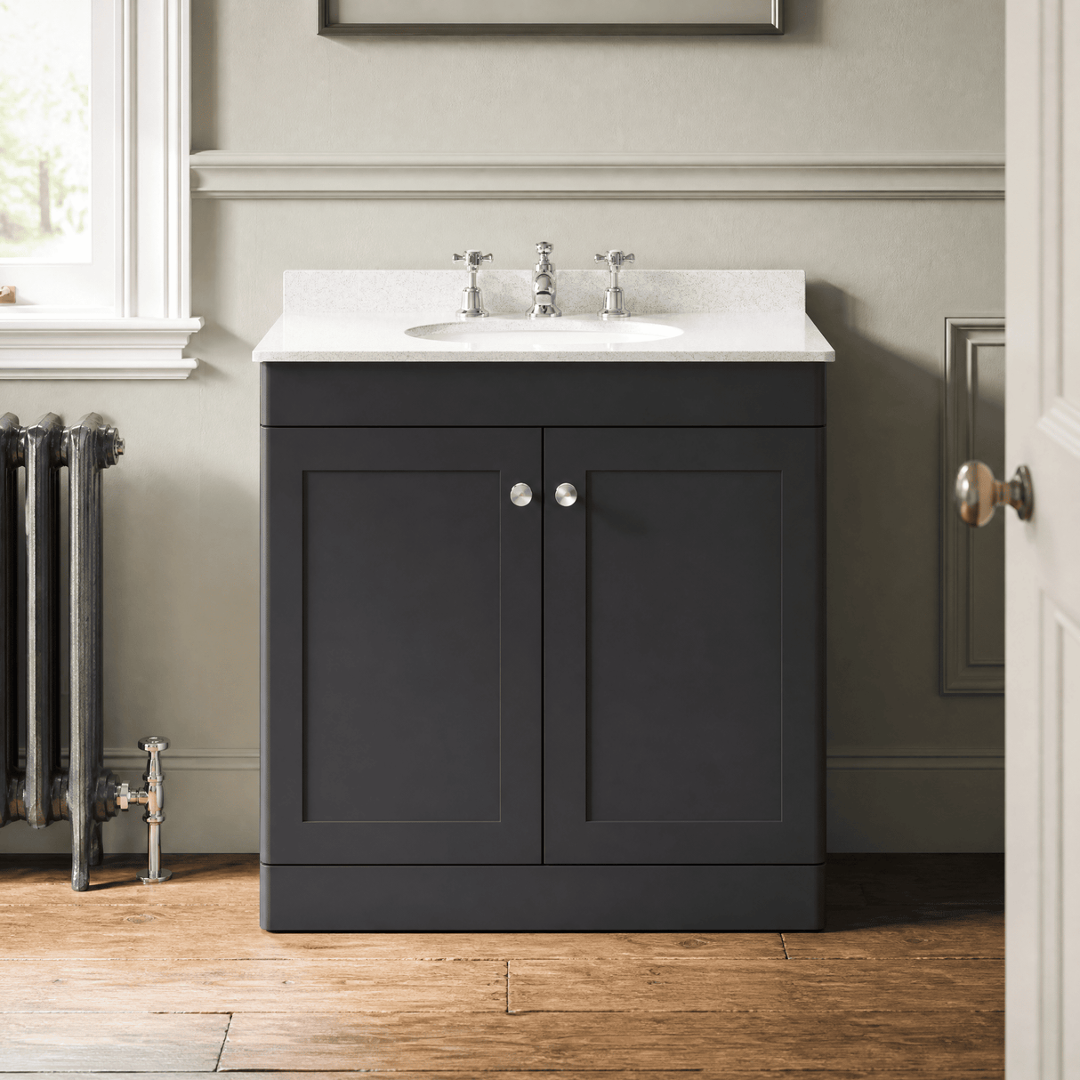 [BFCL1426WR3] Swynnerton Traditional 2 Door Floor Standing Vanity Basin Unit with 3 Tap Hole White Marble Worktop and Basin, Choice of Size and Colour