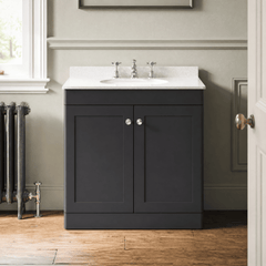 [BFCL1426WR3] Swynnerton Traditional 2 Door Floor Standing Vanity Basin Unit with 3 Tap Hole White Marble Worktop and Basin, Choice of Size and Colour