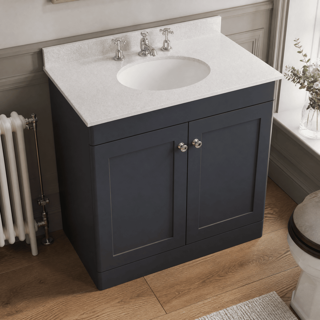 [BFCL1426WR3] Swynnerton Traditional 2 Door Floor Standing Vanity Basin Unit with 3 Tap Hole White Marble Worktop and Basin, Choice of Size and Colour