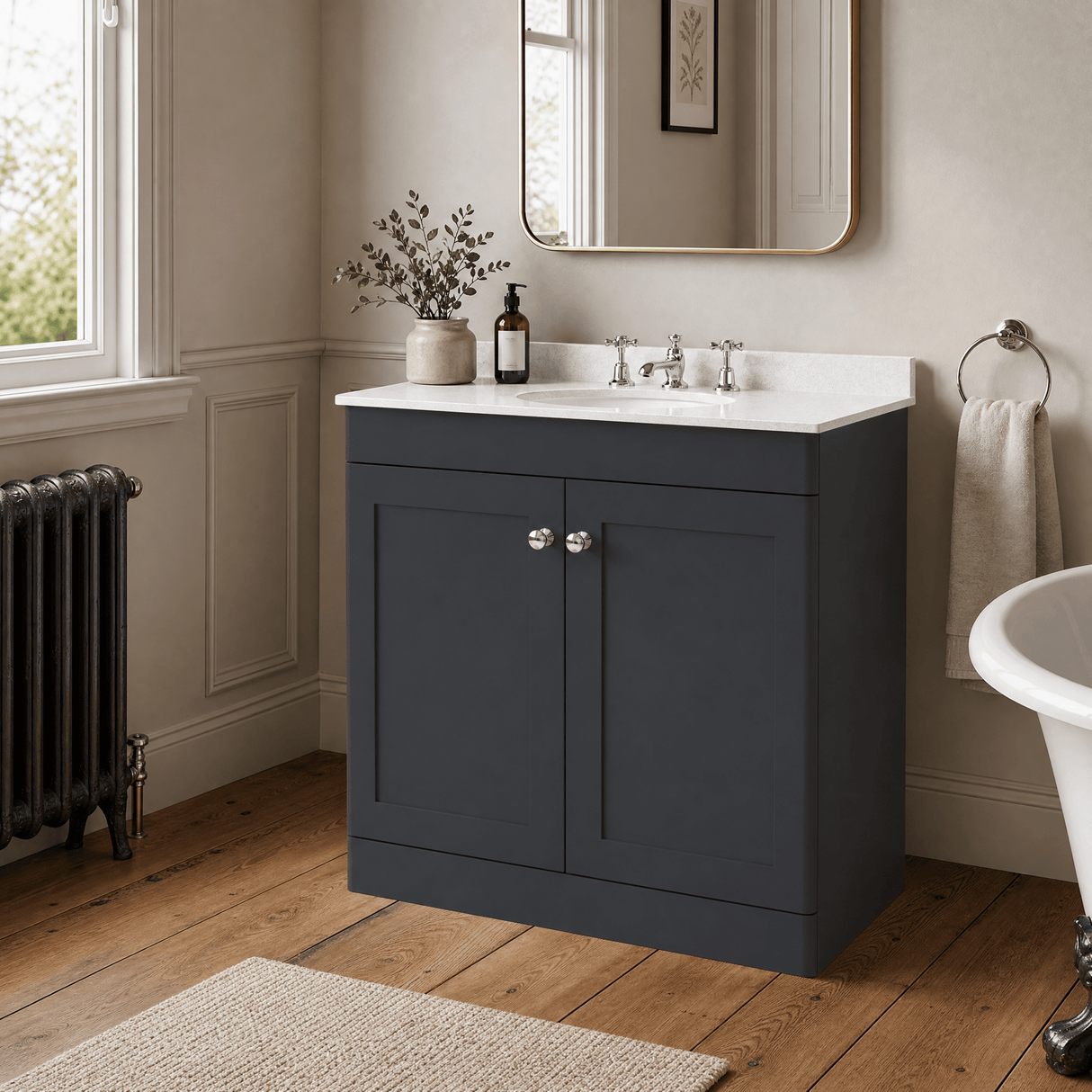 [BFCL1426WR3] Swynnerton Traditional 2 Door Floor Standing Vanity Basin Unit with 3 Tap Hole White Marble Worktop and Basin, Choice of Size and Colour