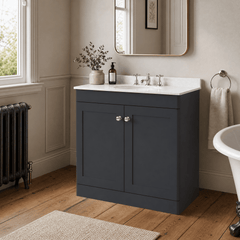 [BFCL1426WR3] Swynnerton Traditional 2 Door Floor Standing Vanity Basin Unit with 3 Tap Hole White Marble Worktop and Basin, Choice of Size and Colour