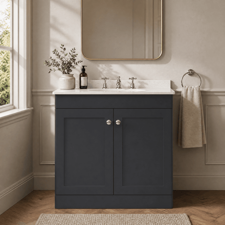 [BFCL1426WR3] Swynnerton Traditional 2 Door Floor Standing Vanity Basin Unit with 3 Tap Hole White Marble Worktop and Basin, Choice of Size and Colour - Silo