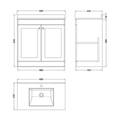 [BFCL1426WS1] Swynnerton Traditional 2 Door Floor Standing Vanity Basin Unit with 1 Tap Hole White Marble Worktop and Square Basin, Choice of Size and Colour - Technical Drawing
