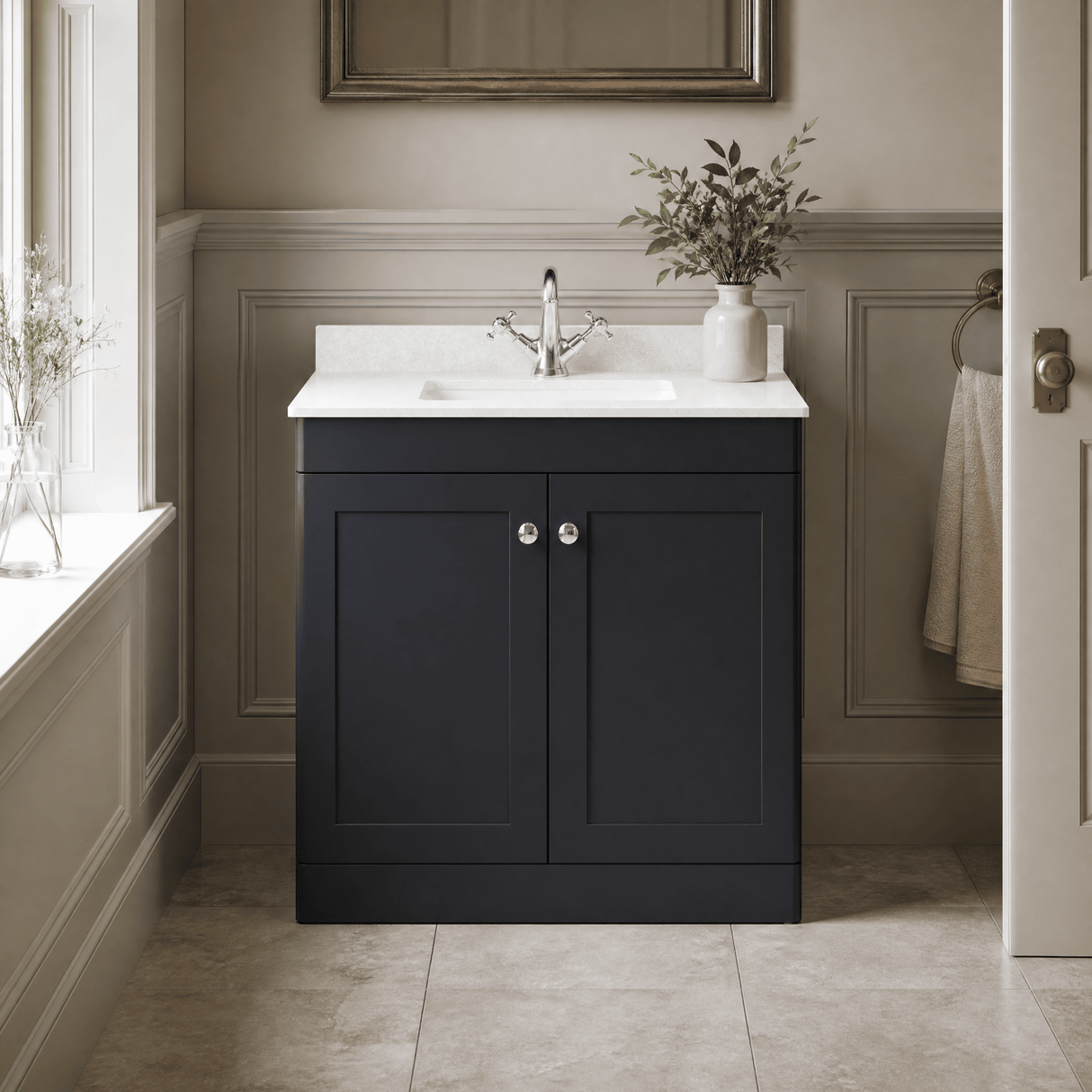 [BFCL1426WS1] Swynnerton Traditional 2 Door Floor Standing Vanity Basin Unit with 1 Tap Hole White Marble Worktop and Square Basin, Choice of Size and Colour