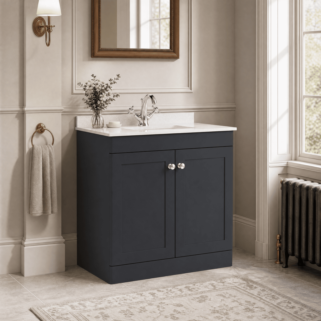 [BFCL1426WS1] Swynnerton Traditional 2 Door Floor Standing Vanity Basin Unit with 1 Tap Hole White Marble Worktop and Square Basin, Choice of Size and Colour