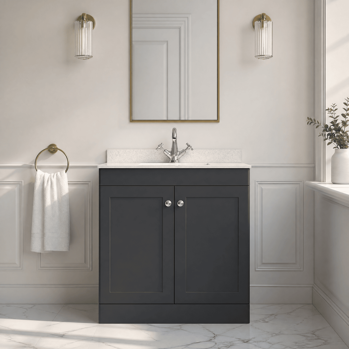 [BFCL1426WS1] Swynnerton Traditional 2 Door Floor Standing Vanity Basin Unit with 1 Tap Hole White Marble Worktop and Square Basin, Choice of Size and Colour - Silo