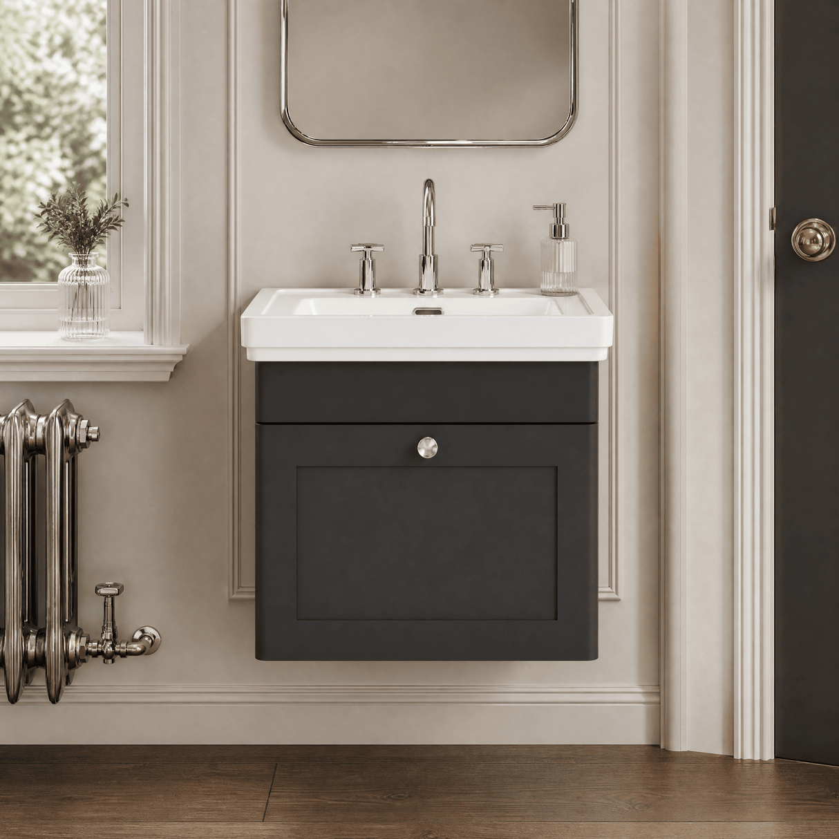 [BFCL1491B] Swynnerton Traditional 1 Drawer Wall Hung Vanity Basin Unit with 3 Tap Hole Traditional Fireclay Basin, Choice of Size and Colour