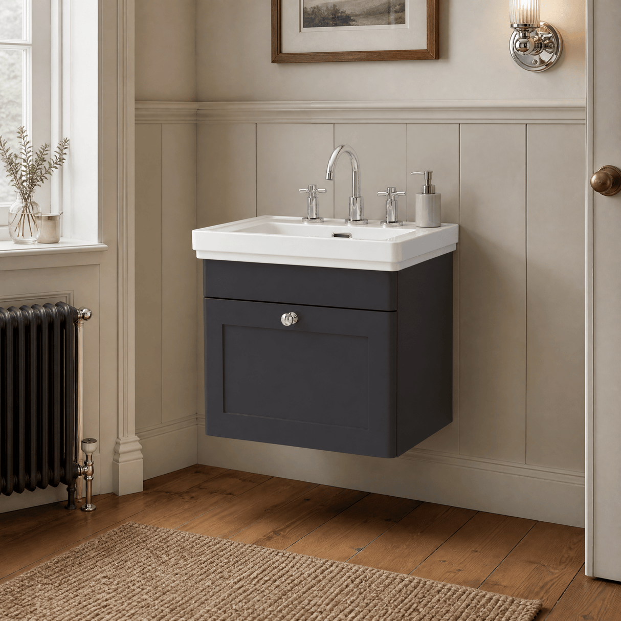 [BFCL1491B] Swynnerton Traditional 1 Drawer Wall Hung Vanity Basin Unit with 3 Tap Hole Traditional Fireclay Basin, Choice of Size and Colour