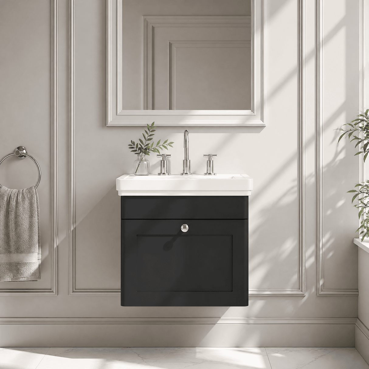 [BFCL1491B] Swynnerton Traditional 1 Drawer Wall Hung Vanity Basin Unit with 3 Tap Hole Traditional Fireclay Basin, Choice of Size and Colour - Silo