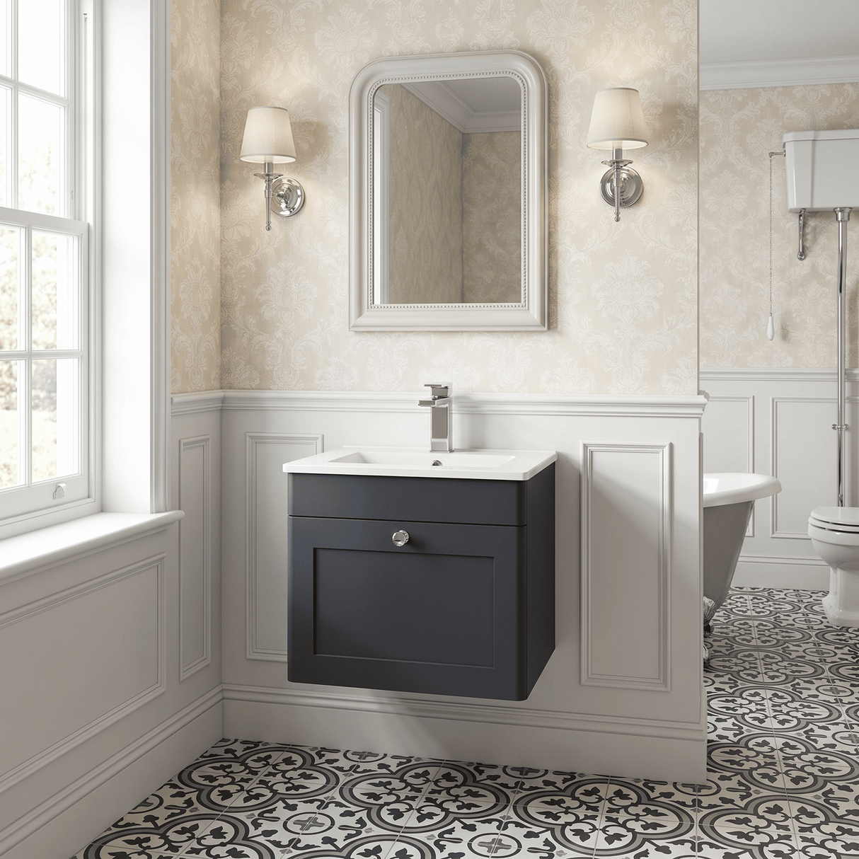 [BFCL1491C] Swynnerton Traditional 1 Drawer Wall Hung Vanity Basin Unit with 1 Tap Hole Minimalist Ceramic Basin, Choice of Size and Colour
