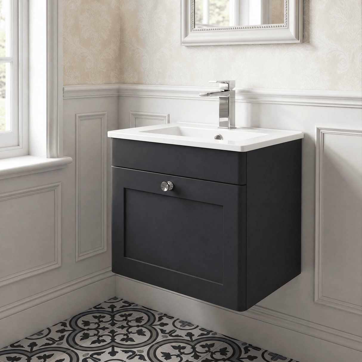 [BFCL1491C] Swynnerton Traditional 1 Drawer Wall Hung Vanity Basin Unit with 1 Tap Hole Minimalist Ceramic Basin, Choice of Size and Colour