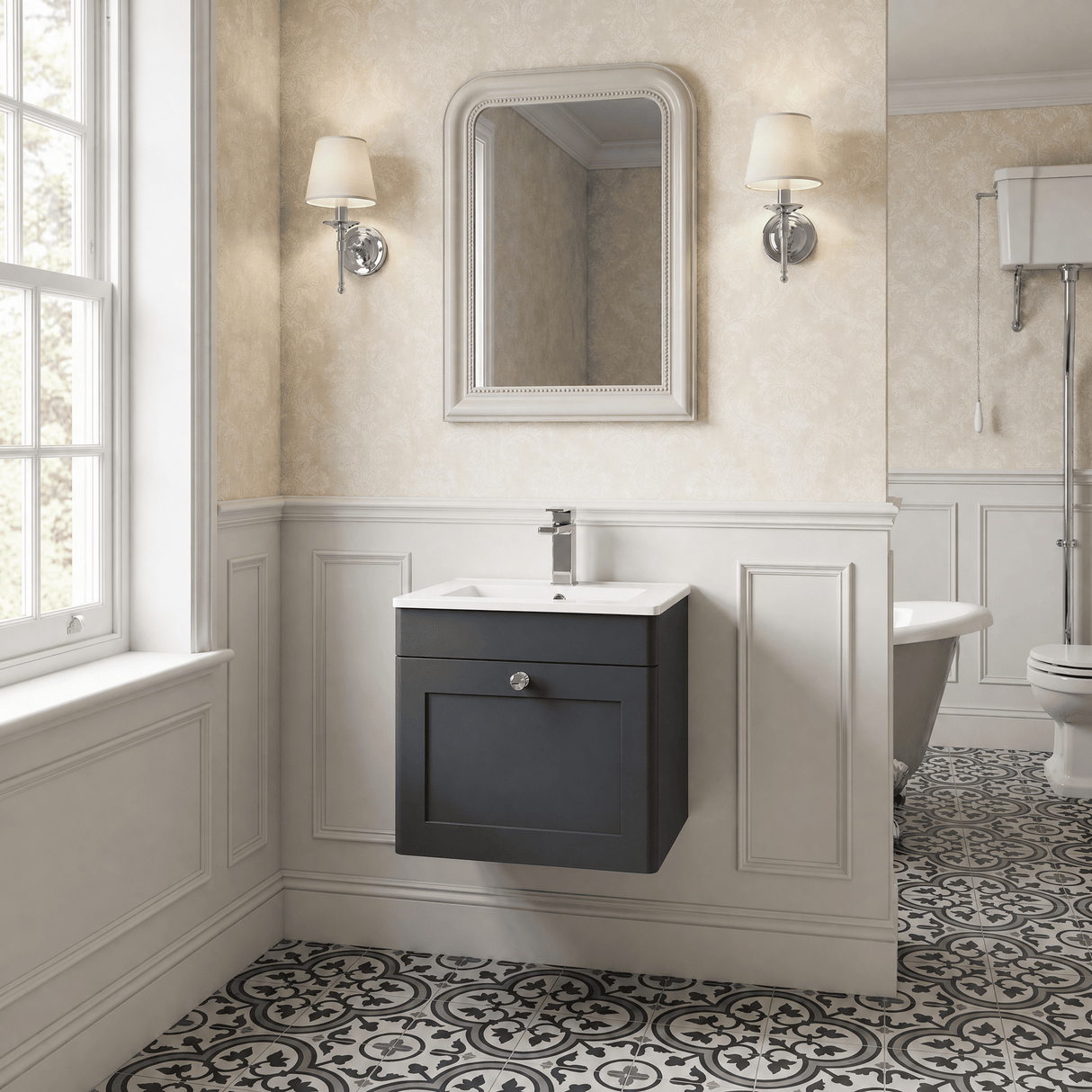 [BFCL1491C] Swynnerton Traditional 1 Drawer Wall Hung Vanity Basin Unit with 1 Tap Hole Minimalist Ceramic Basin, Choice of Size and Colour