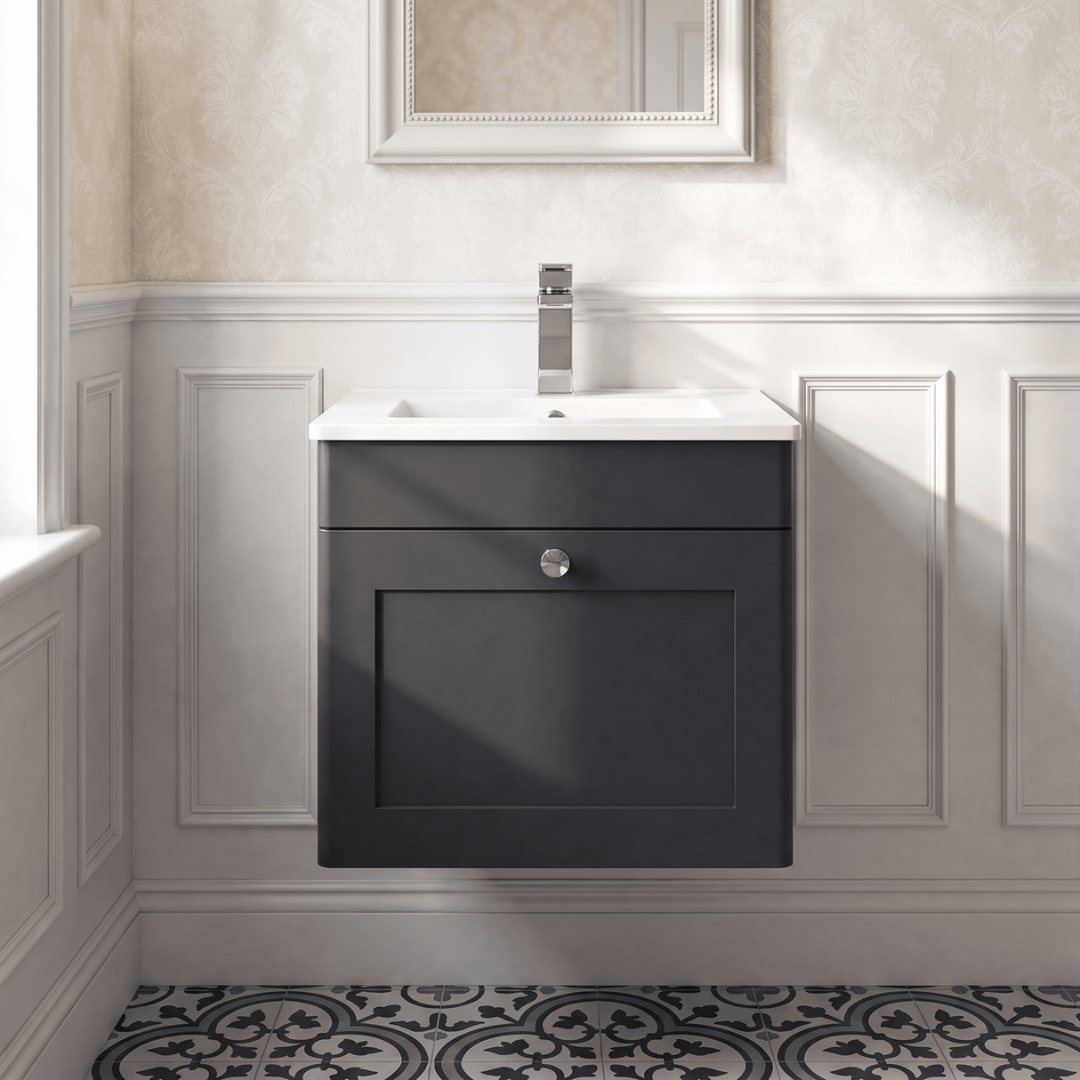 [BFCL1491C] Swynnerton Traditional 1 Drawer Wall Hung Vanity Basin Unit with 1 Tap Hole Minimalist Ceramic Basin, Choice of Size and Colour - Silo