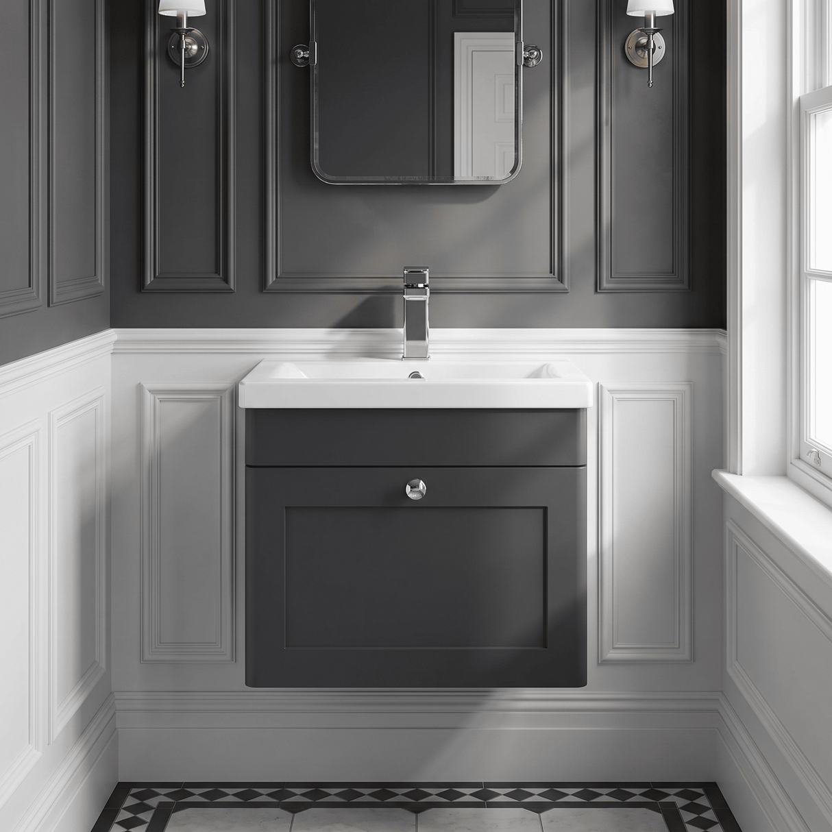 [BFCL1491D] Swynnerton Traditional 1 Drawer Wall Hung Vanity Unit with Mid-Edge Basin, 500mm, Choice of Colour