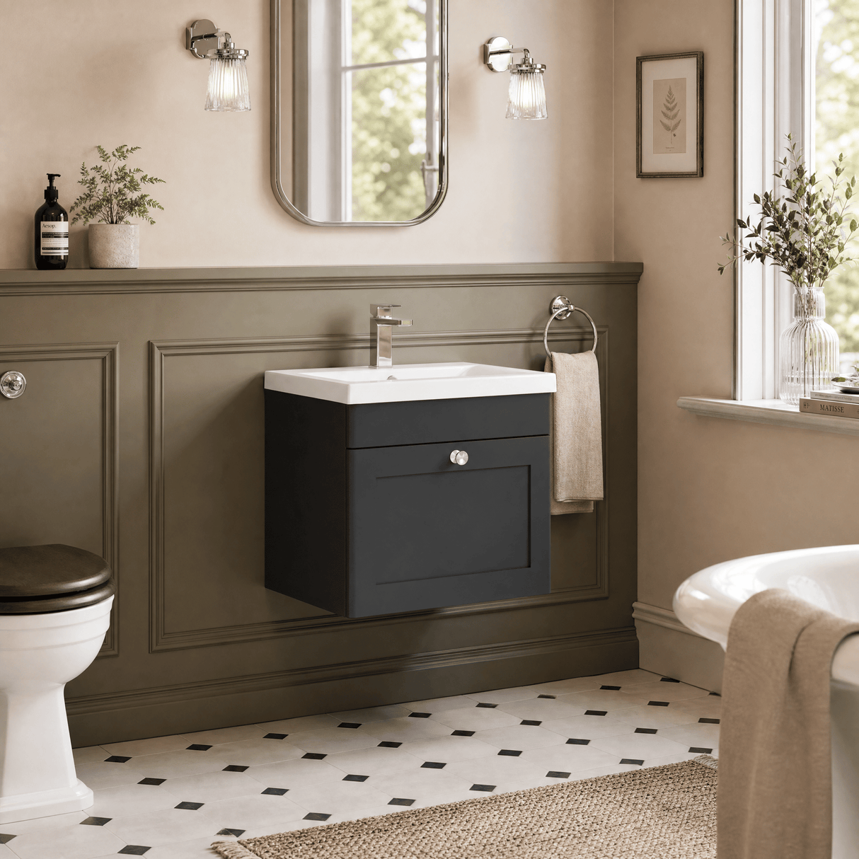 [BFCL1491D] Swynnerton Traditional 1 Drawer Wall Hung Vanity Unit with Mid-Edge Basin, 500mm, Choice of Colour
