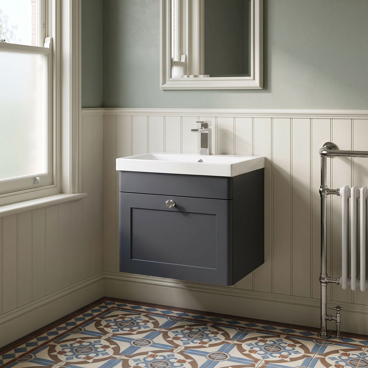 [BFCL1491E] Swynnerton Traditional 1 Drawer Wall Hung Vanity Unit with Thin Edge Basin, Choice of Size and Colour