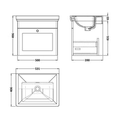 [BFCL1491H] Swynnerton Traditional 1 Drawer Wall Hung Vanity Unit with Basin, Dark Grey, 500mm - Technical Drawing