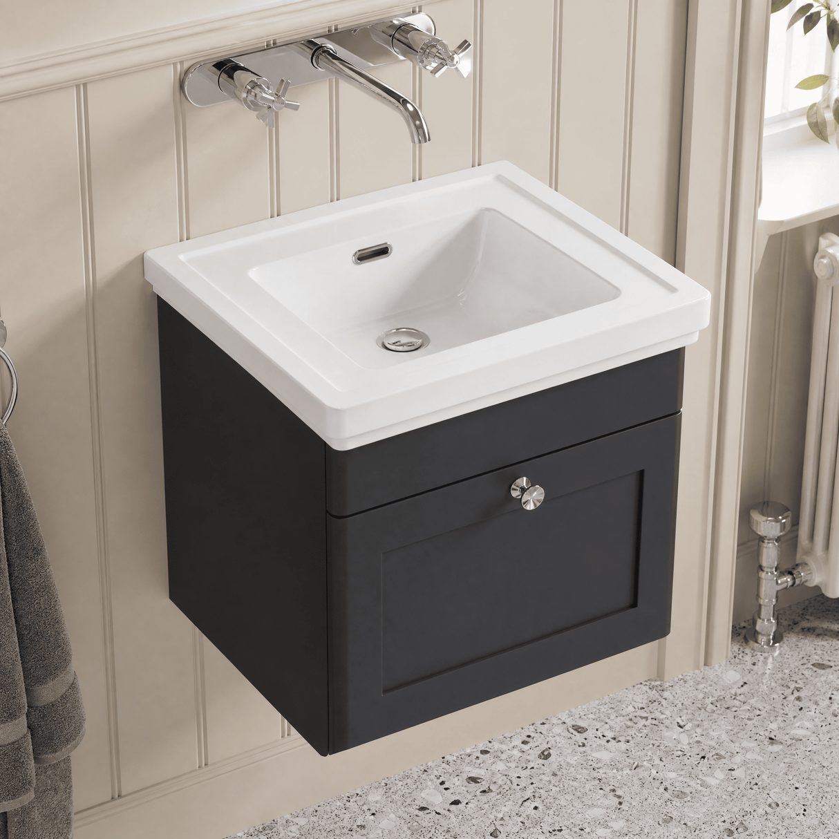 [BFCL1491H] Swynnerton Traditional 1 Drawer Wall Hung Vanity Unit with 0 Tap Hole Traditional Fireclay Basin, Choice of Size and Colour