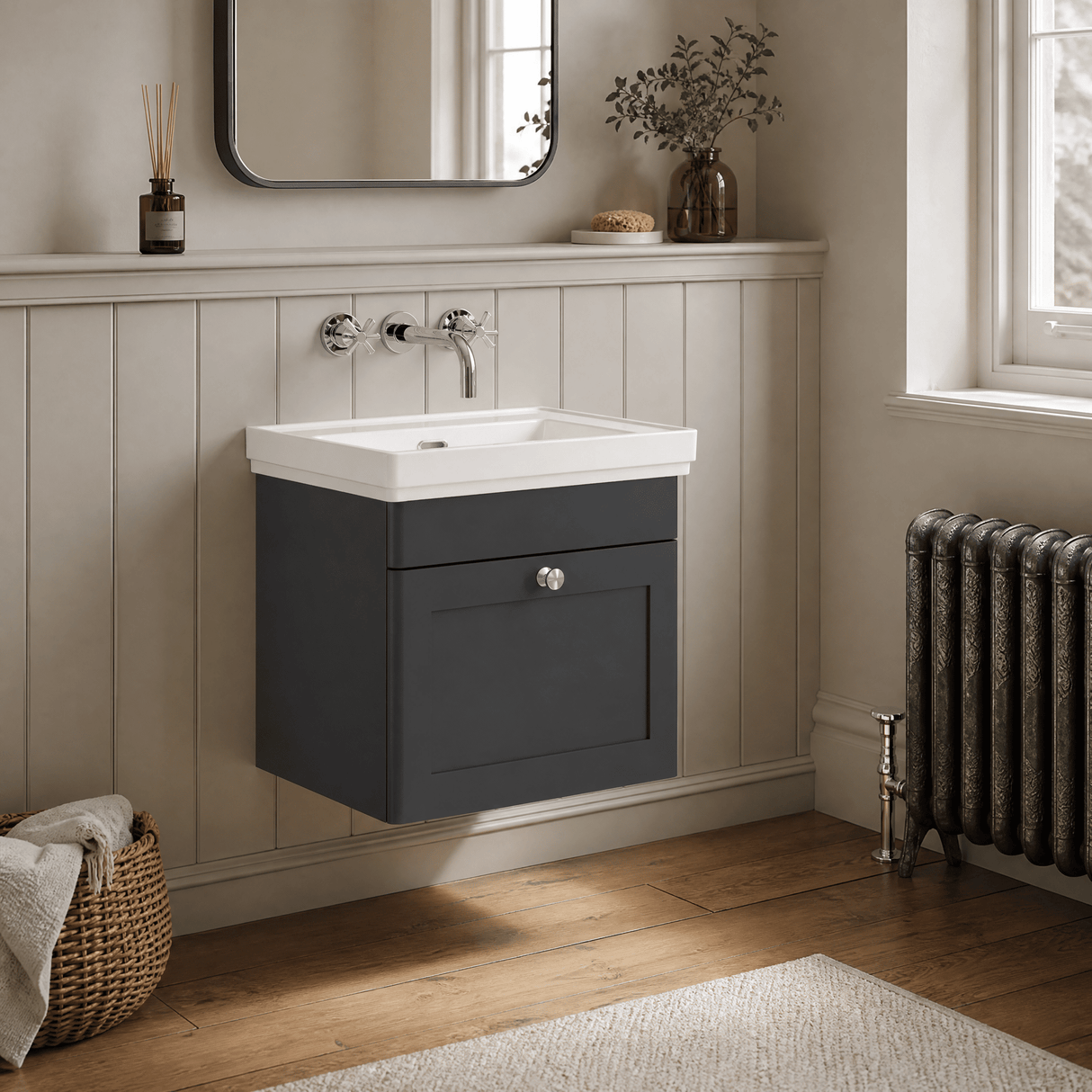 [BFCL1491H] Swynnerton Traditional 1 Drawer Wall Hung Vanity Unit with 0 Tap Hole Traditional Fireclay Basin, Choice of Size and Colour