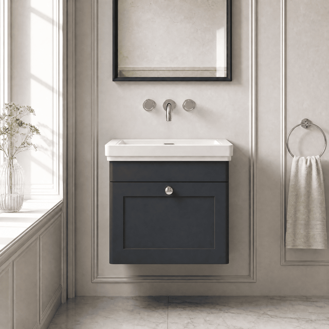[BFCL1491H] Swynnerton Traditional 1 Drawer Wall Hung Vanity Unit with 0 Tap Hole Traditional Fireclay Basin, Choice of Size and Colour - Silo