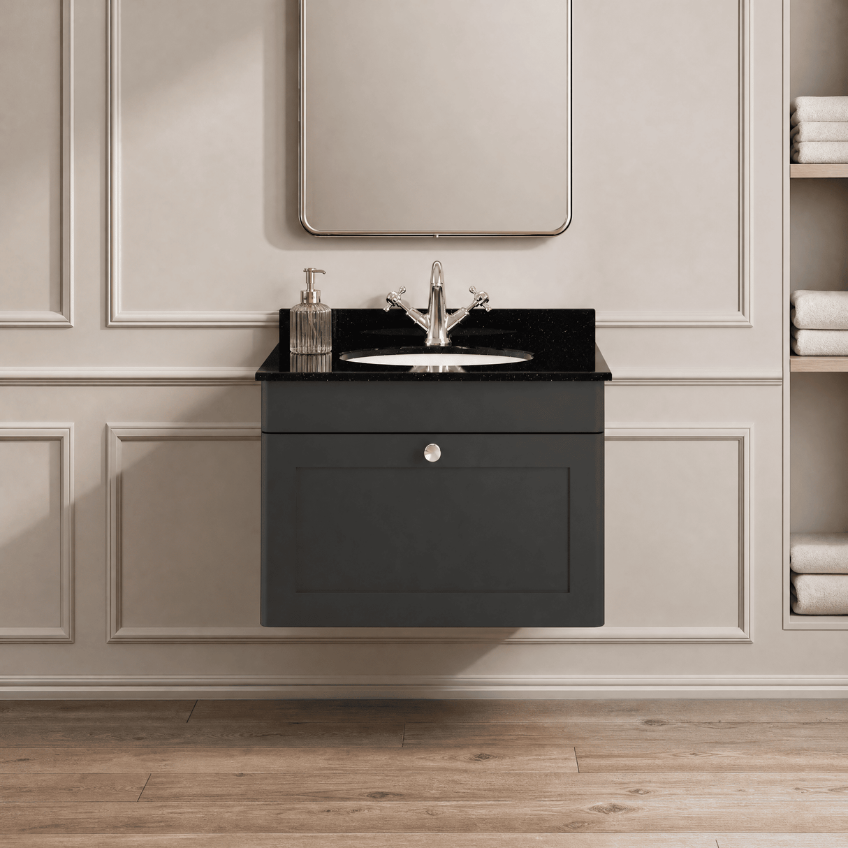 [BFCL1494BR1] Swynnerton Traditional 1 Drawer Wall Hung Vanity Unit with Black Marble Worktop and 1 Tap Hole Basin, Choice of Size and Colour