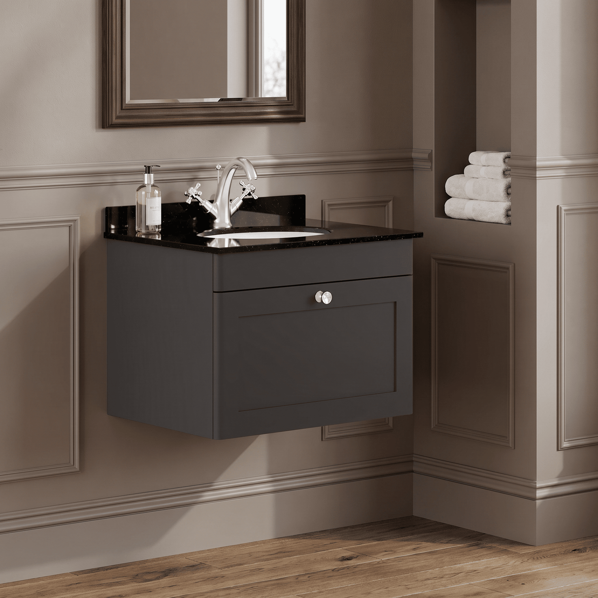 [BFCL1494BR1] Swynnerton Traditional 1 Drawer Wall Hung Vanity Unit with Black Marble Worktop and 1 Tap Hole Basin, Choice of Size and Colour