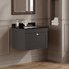 [BFCL1494BR1] Swynnerton Traditional 1 Drawer Wall Hung Vanity Unit with Black Marble Worktop and 1 Tap Hole Basin, Choice of Size and Colour