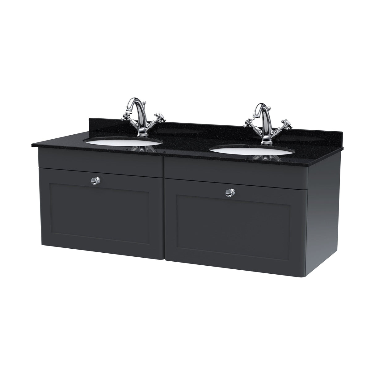 [BFCL1494BR2] Swynnerton Traditional 2 Drawer Wall Hung Vanity Basin Unit with Double 1 Tap Hole Black Marble Worktop and Basin, 1200mm, Choice of Colour - Cutout
