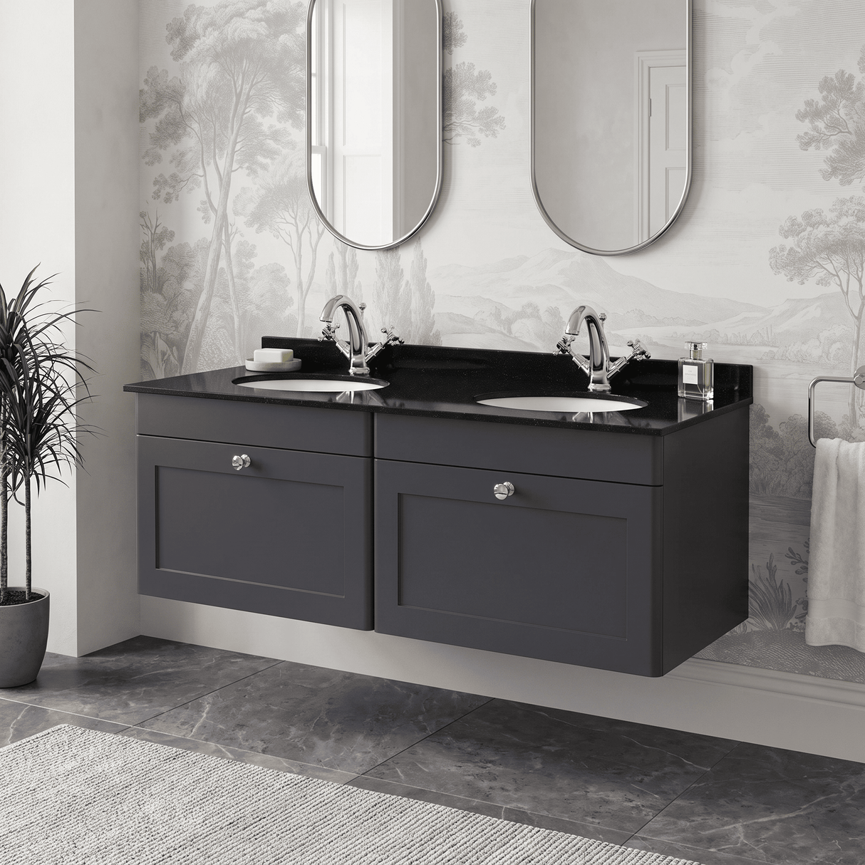 [BFCL1494BR2] Swynnerton Traditional 2 Drawer Wall Hung Vanity Basin Unit with Double 1 Tap Hole Black Marble Worktop and Basin, 1200mm, Choice of Colour