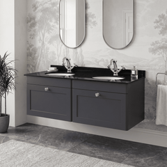[BFCL1494BR2] Swynnerton Traditional 2 Drawer Wall Hung Vanity Basin Unit with Double 1 Tap Hole Black Marble Worktop and Basin, 1200mm, Choice of Colour
